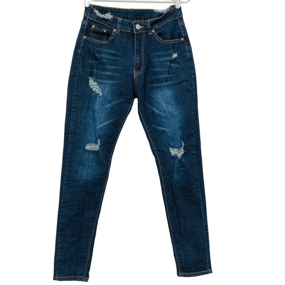 JEANS Women's Distressed Mid‎ Rise Skinny Stretch Blue Denim Jeans Sz 26x29 NWOT